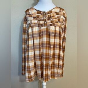 LC Lauren Conrad Brown Tan and Cream Plaid Peasant Blouse